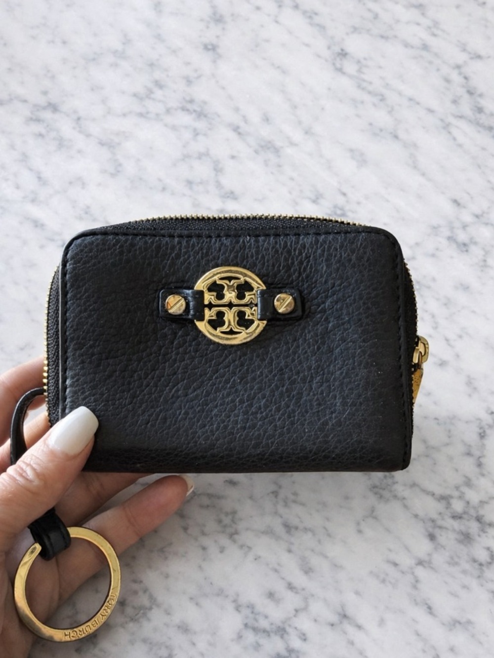 Tory Burch Black Pebbled Leather Zip Card Case with Gold Logo Key Ring